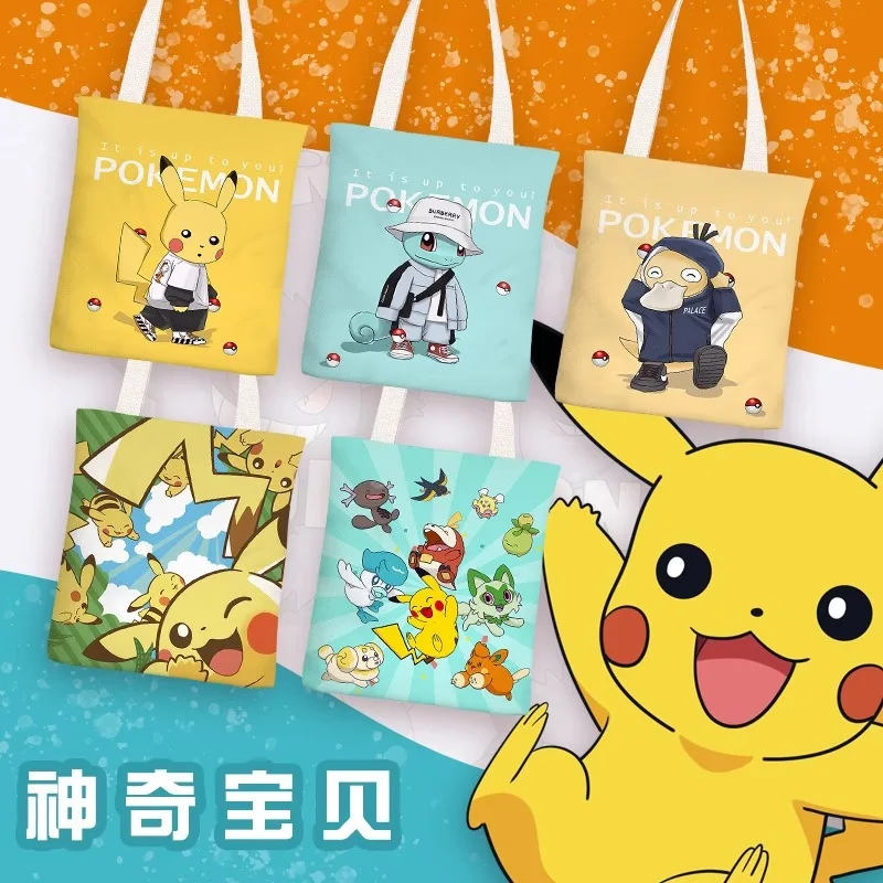 

Pikachu Canvas Bag Shoulder Large Capacity Girls Portable Canvas Bag School Bag Zippered two-sided Cute Girly Heart