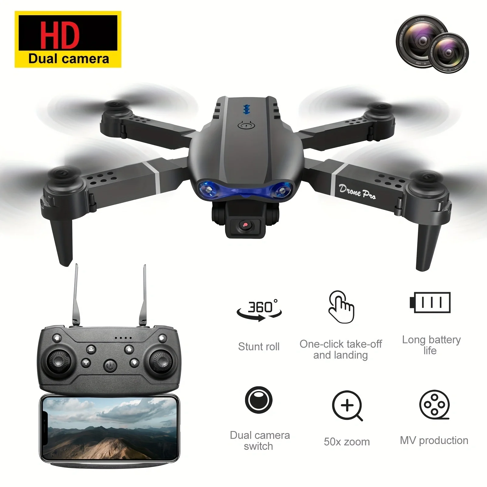 Drone RC professionale, WIFI doppia fotocamera RC Quadcopter Mantenimento dell'altitudine Giocattoli RC, RC Principiante Uomo Donna Regalo Regalo di compleanno Openin