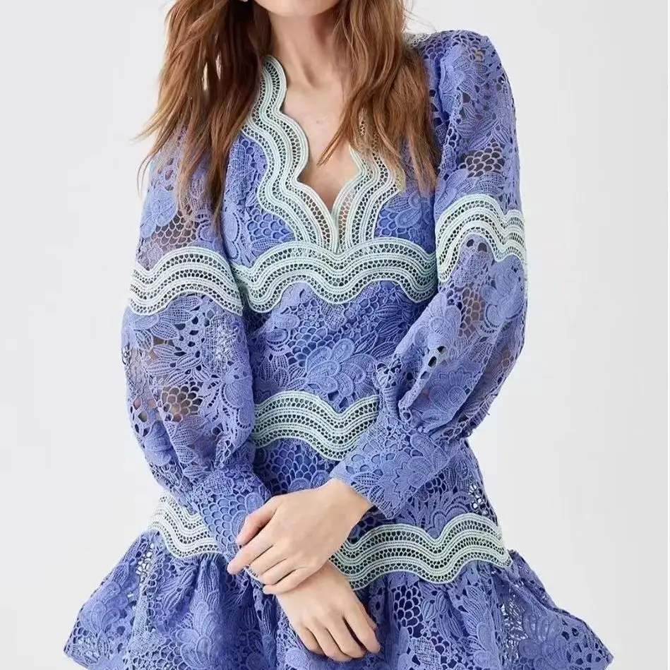 

Woman's Dress V-Neck Lantern Sleeve Patchwork Hollow Design Waist-Cinching Short Dress Elegant Evening Dress