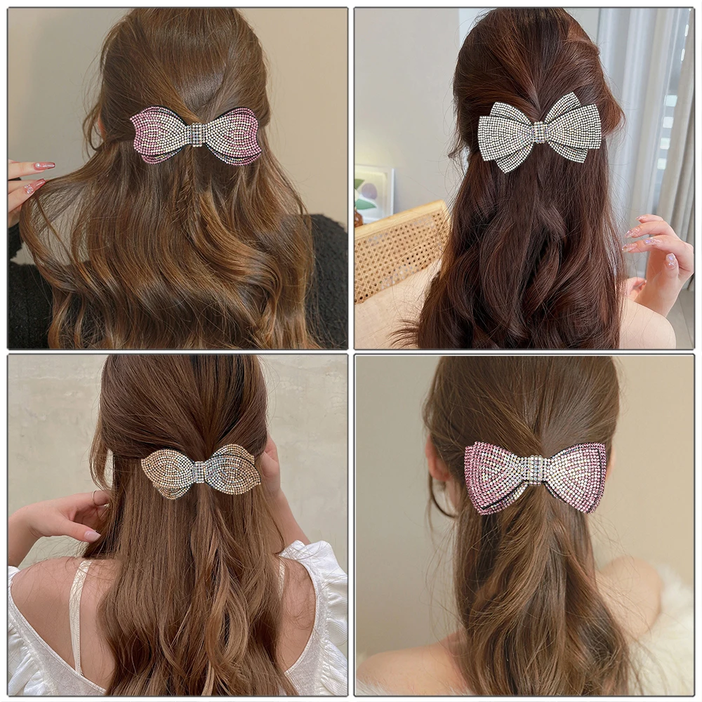 Women Rhinestone Bow Hair Clip Barrette For Girls Ponytail Fashion Hairpin Ladies Party Elegant Headwear Hair Accessories