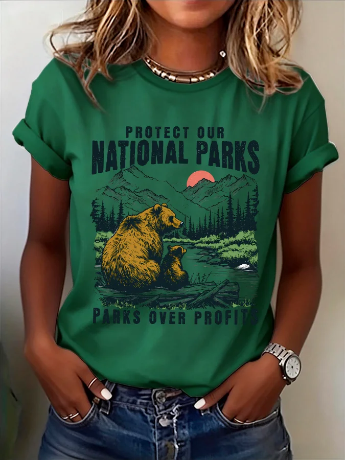 ilstile National Parks Bear Parks Over Profits Bear Print T-Shirt Women Casual Protect Our Parks Outdoor Daily Wear Tee