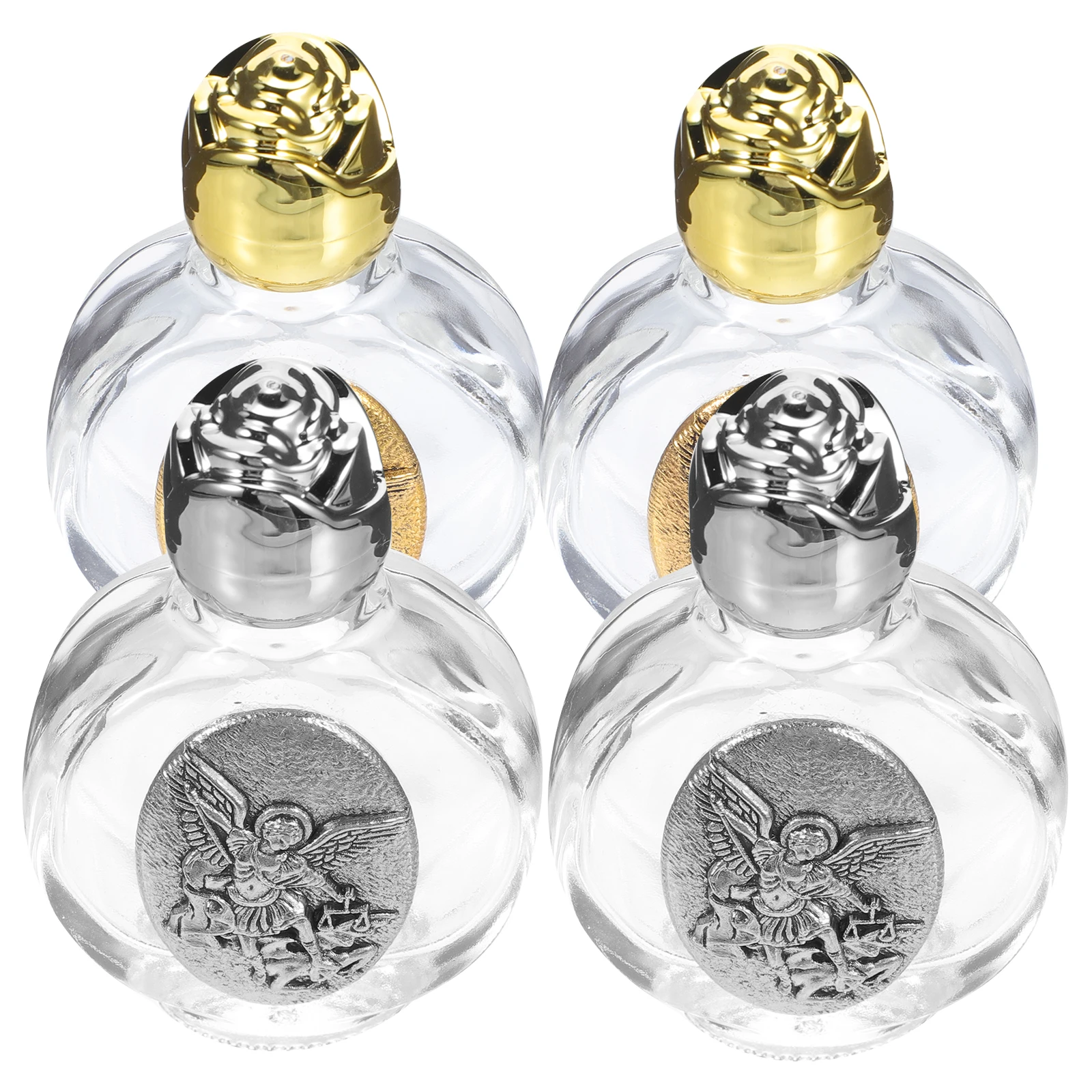 

4Pcs Embossed Metal Holy Water Bottle Glass Vial Refillable Container Travel Size