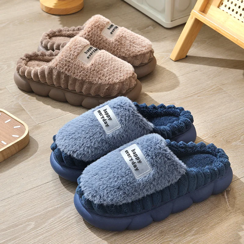 Plus Size Man slippers home furry thick bottom slides designer winter warm velvet mens slippers blue cotton slipper males shoes