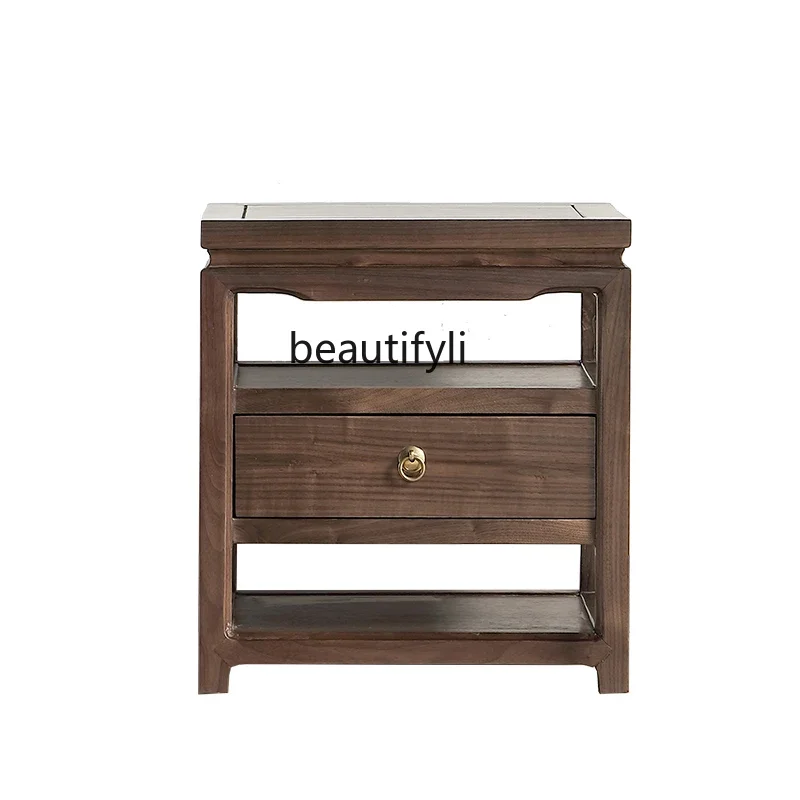 

VNew Chinese North American Black Walnut Bedside Table Side Table Tea Cabinet Zen Solid Wood Furniture Side Cabinet
