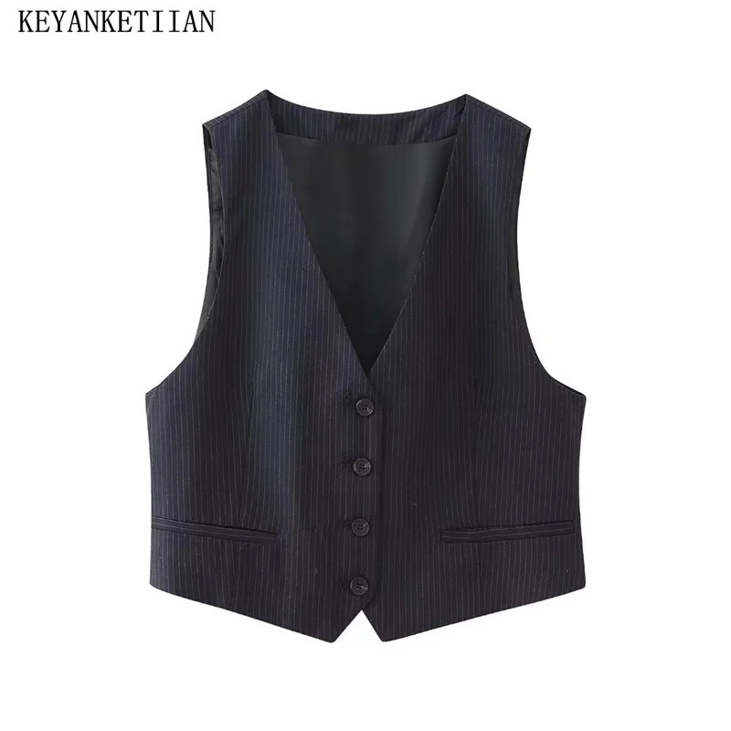 KEYANKETIAN Autumn New Jacquard Chalecos Para Mujeres Single Breasted V-Neck Slim Crop Top Waistcoat Crop Vest TopsWomen's