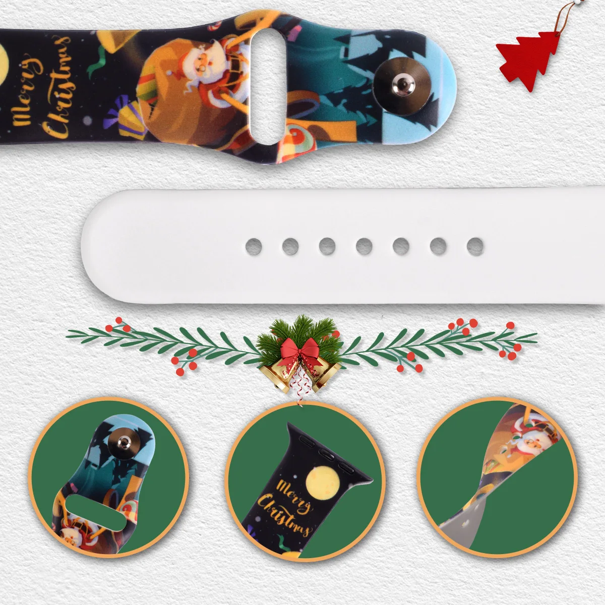 Santa Christmas Tree Reindeer Snowman Christmas Style Print Band for Apple Watch Fits 38/40/41MM/42/44/45/49MM Series 1-9