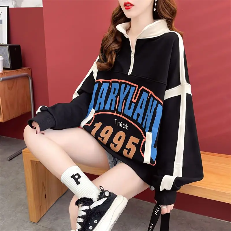 Autumn Winter New Loose Printing Zipper Stand Collar Sweatshirts Female Oversized Top Tee Women Clothes Trend Letter T-Shirts