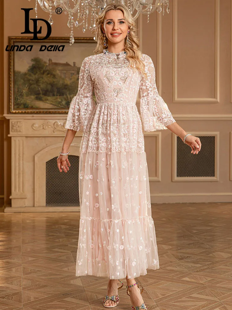 LD LINDA DELLA 2025 ملابس نسائية جديدة للربيع والصيف مطرزة بالماس فستان مأدبة على طراز القصر #2