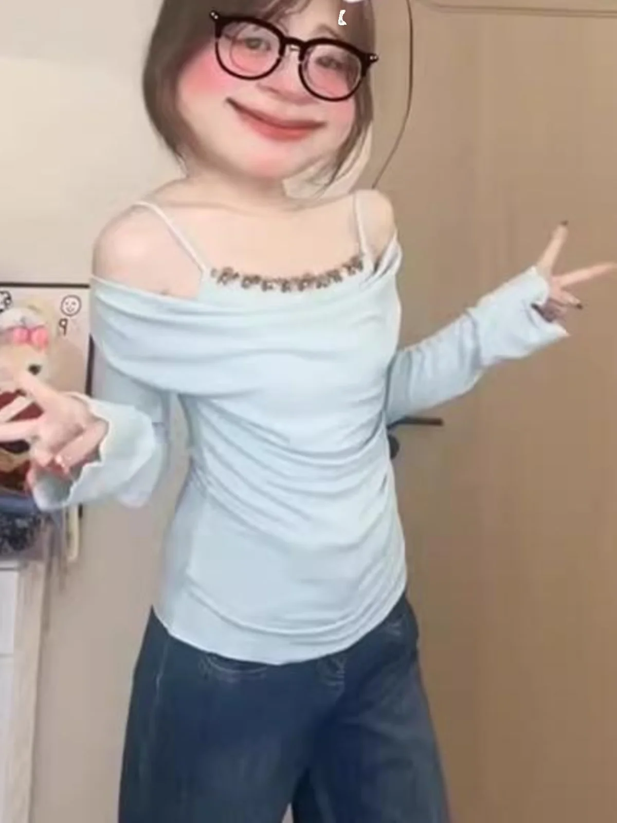 plus Size Splice Fake Two-Piece Long Sve T-irt Women Spring Autumn Gathered Slimming Pure Desire Blue Weight Loss Base Top