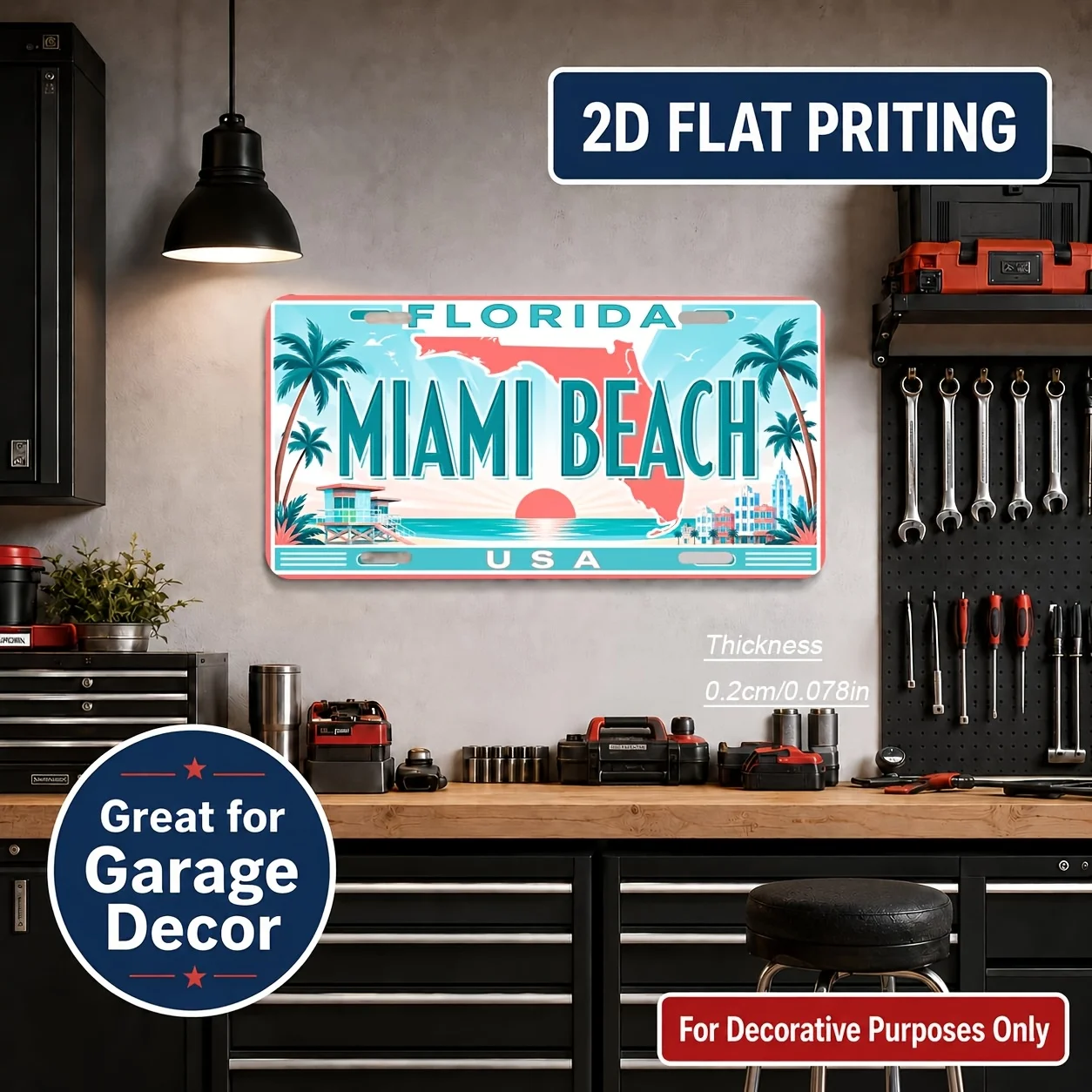 2D Flat - 【2D Flat】 2D Flat - [2D Flat] 2D Flat, 1pc, Miami Beach Theme Vintage Sign, for Decorative Use Solely, Home Decor, Bir