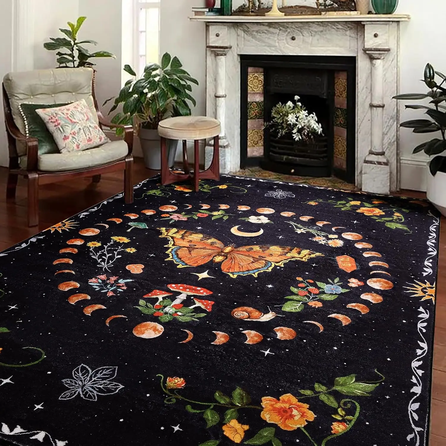 Mystical Butterfly Skull with Sun Moon Stars Bohemian Area Rug Non-Slip Floor Mat for Hippie Aesthetic Room Decor Gift Idea