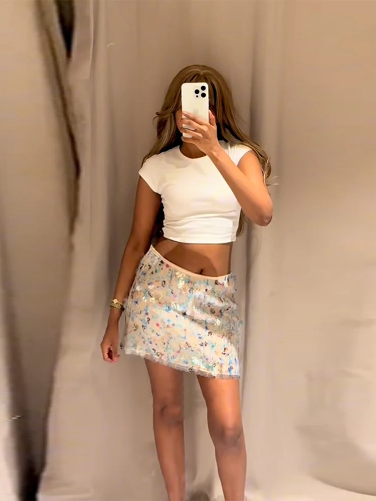 

Fashion Solid Top Colorful Sequin Skirt Set Women Sexy Short Sleeve Shirt High Waist Skirts Suit Summer Chic 2-peice Sets