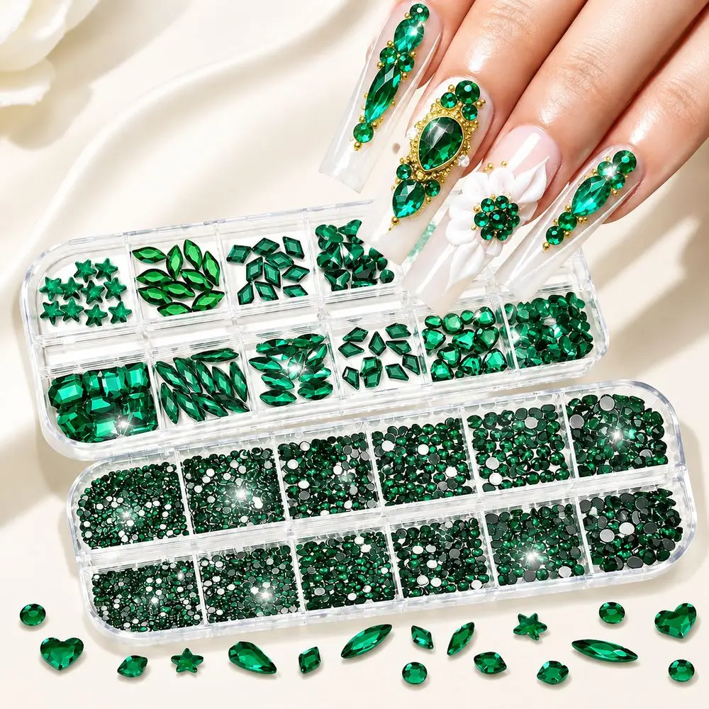 2Box/Set Mixed Size Radiant Nail Gems Glass Crystal Round Fancy Emerald Green Flatback Rhinestones Manicure Diamond Supplies Kit