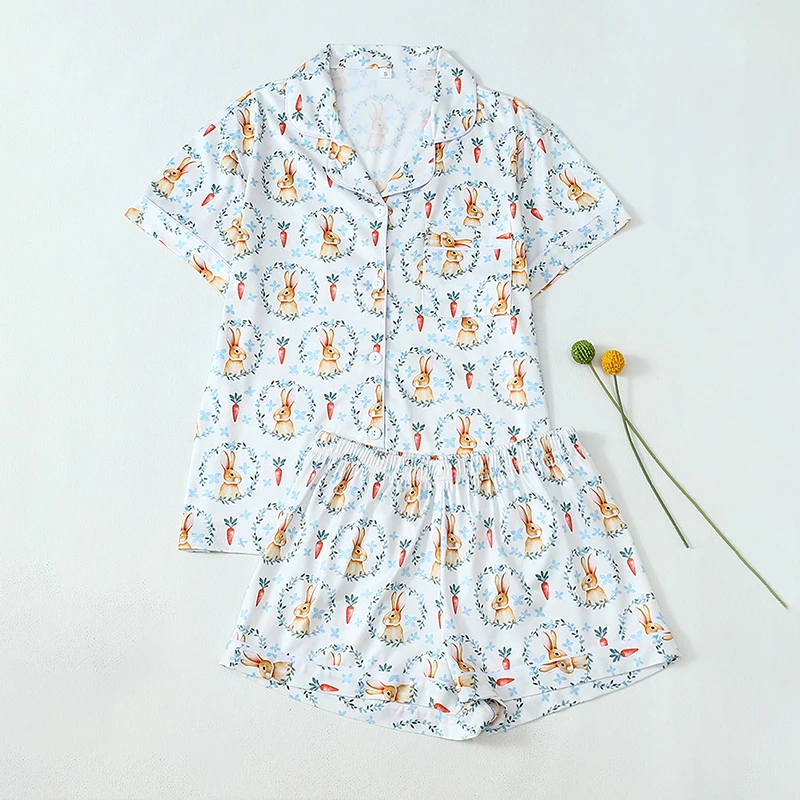 

2 шт., студенческая домашняя одежда, милый принт моркови и кролика, повседневные топы с короткими рукавами, шорты, костюм, удобная дышащая одежда для сна