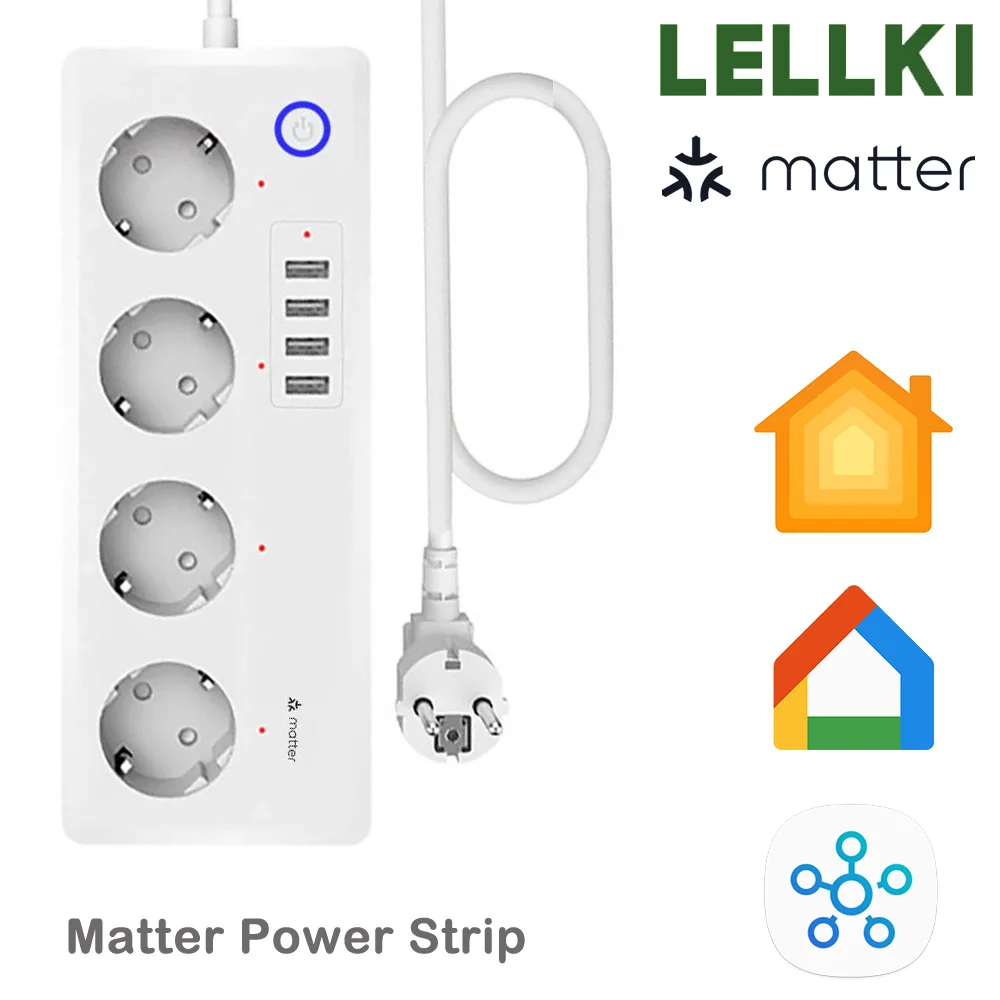 LELLKI Matter Power Strip Smart Multi Outlet 16A Electric Extension Socket USB Adapter Eu Kr Plug Apple Google Home SmartThings