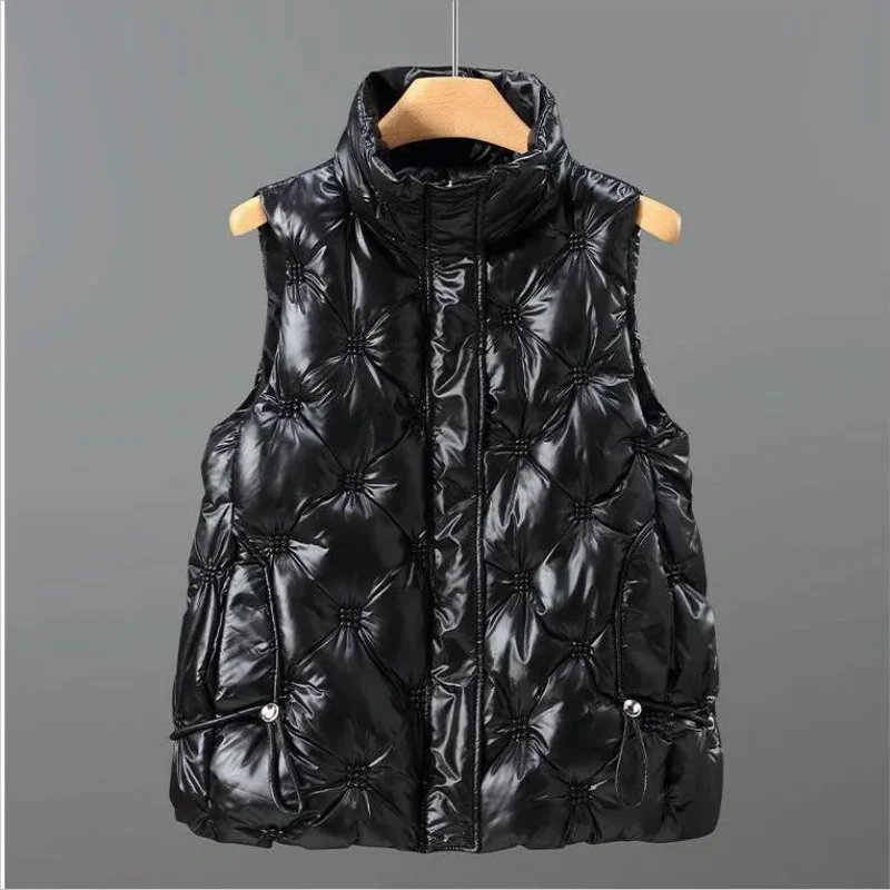 2024 Autumn Winter Women Short Vest Female Embroidery Sleeveless Jacket Coat Stand Collar Korean Coat