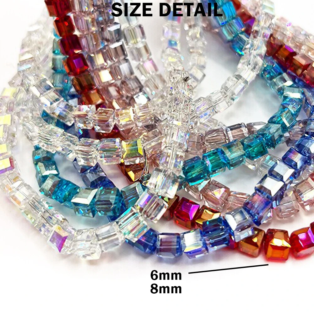 6mm 8mm 2Strands Faceted Green Shine Plated Crystal Style Glass Cube Strands Lot for Beadwork Accessories ABF14 view 2