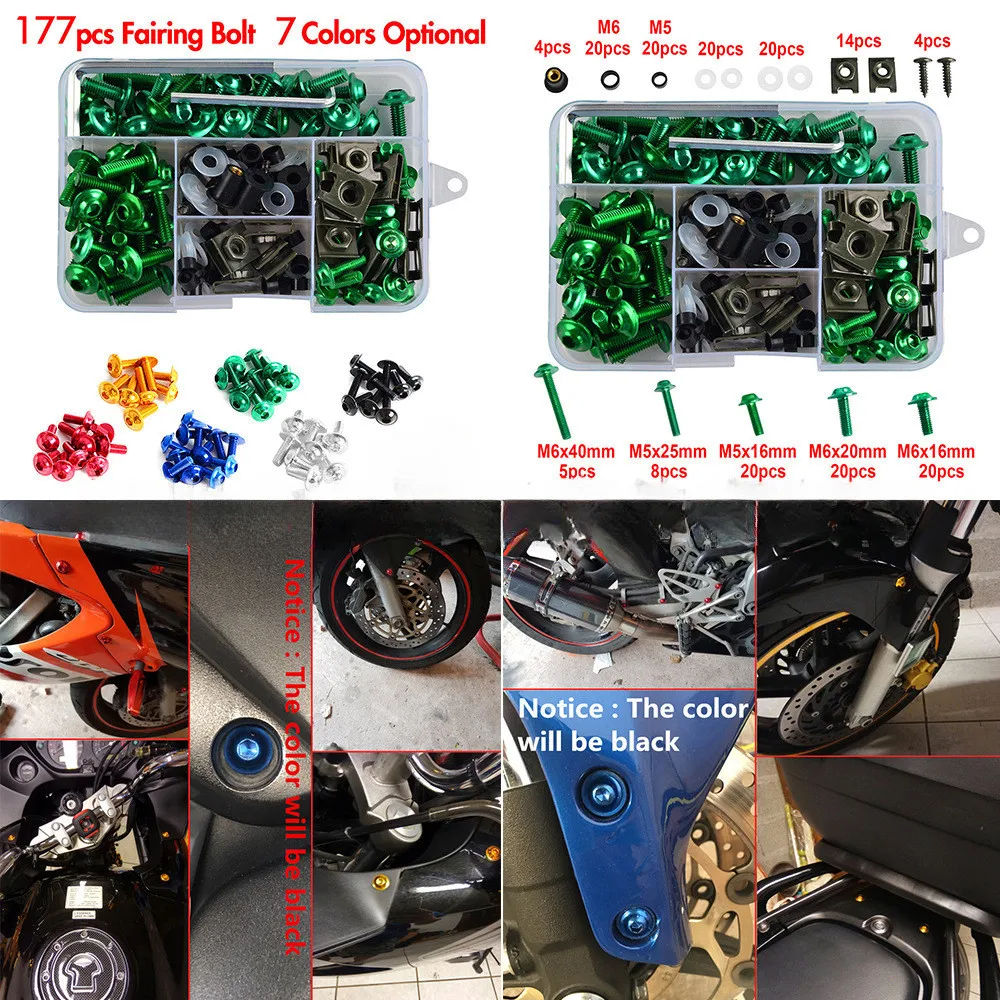 Motorcycle Universal Fairing Windshield Body Modification Bolt Set with 177pcs Color Screws for Honda Yamaha Kawasaki Suzuki