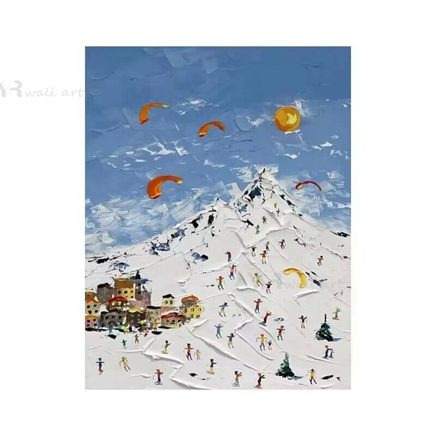 

High Quality Nordic Abstract Painting Ski Resort Handmade Oil Painting Home Decoration For Bedroom Restaurant Living Room Mural