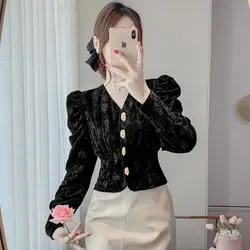 New Rose Short Top Gold Velvet Black Base Shirt Women's High Grade Shirt Long Sleeves Top