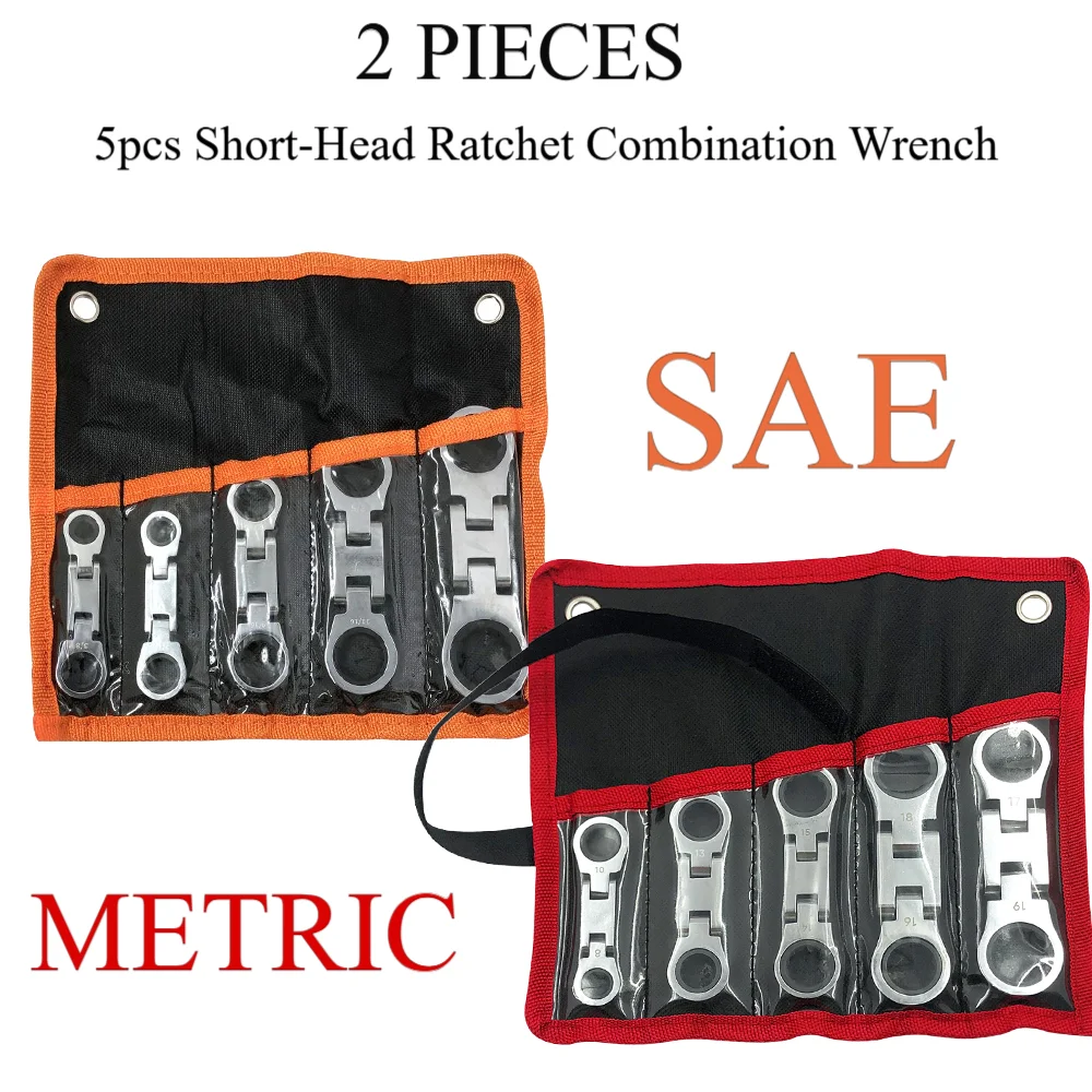 

2 PC Metric/SAE 5pc Short-Head Ratchet Combination Wrench Set, Mini Wrench Set with Dual Sockets，72-Tooth, Chrome Vanadium Steel