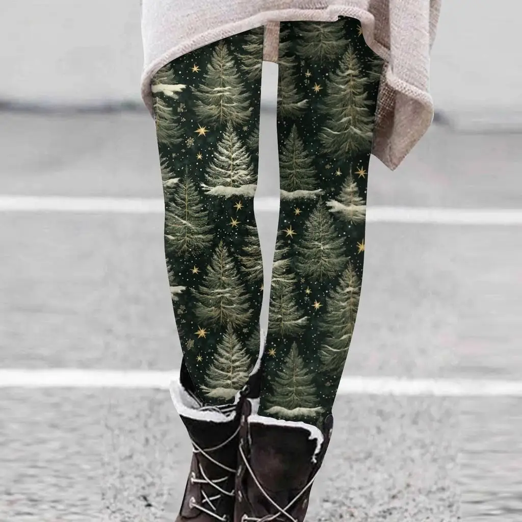 

Women's Christmas tree head print leggings, made of polyester and spandex blend fabric with elastic waist for autumn and winter.