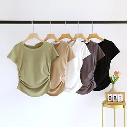 Women's T-Shirts Solid Color Short Sleeve With Padded Bust Wireless Base Layer Tops Slim Ruched Soft Female Outwear Sleep Tops