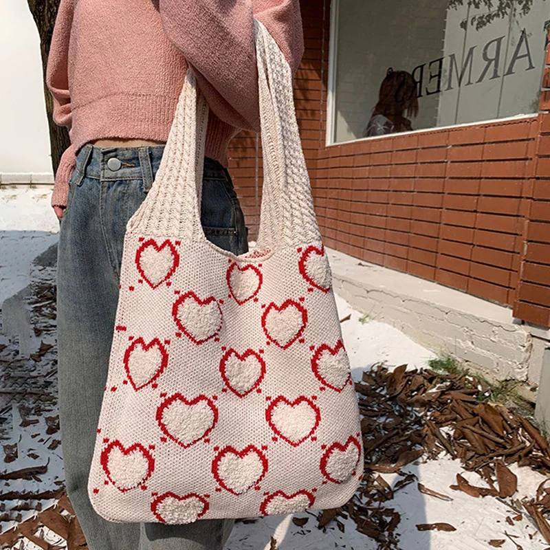Moda bolsa de malha bolsa de ombro amor bolsa de compras