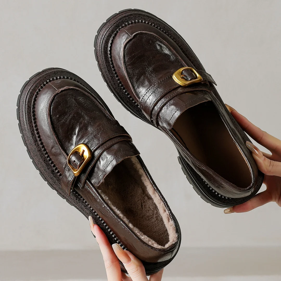 

Women's sheepskin round toe metal buckle warm plush inside slip-on loafers 4.5cm chunky heel platform flats moccasins shoes sale