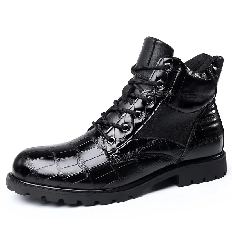 Botines de diseño clásico para hombre, botas cortas de charol con suela gruesa y líneas de cocodrilo, talla 38-48, novedad