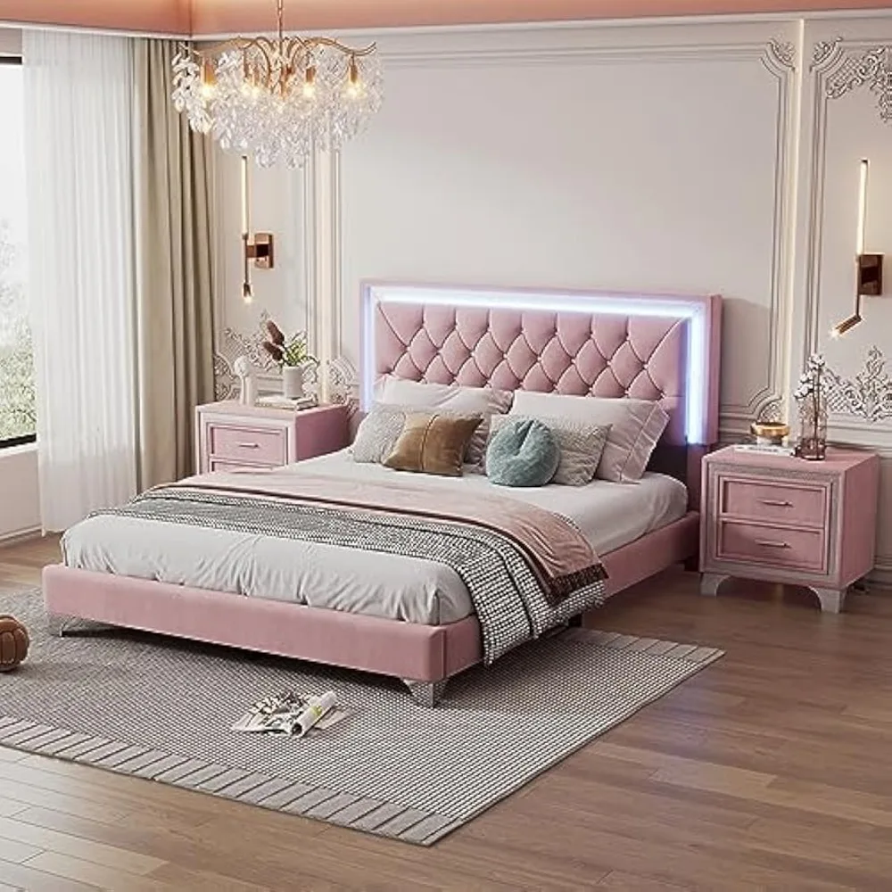 

"3-Piece Pink Queen Upholstered Platform Bed Set with LED Lights and Nightstands"