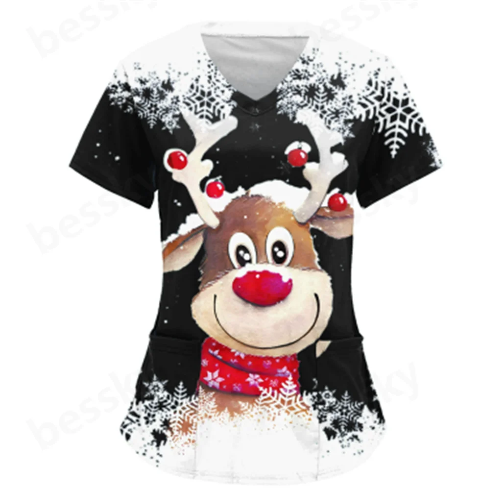 

Ladies' Christmas Printed V-Neck Short-Sleeved Nurse Uniform T-Shirt with Pocket Festive Medical Professional Wear