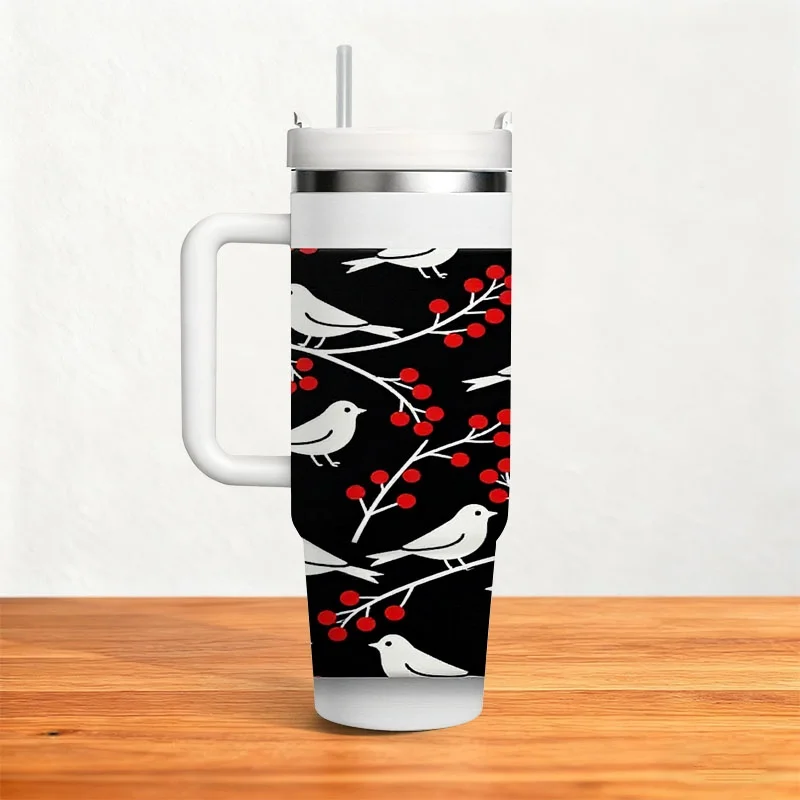 40oz Stainless Steel Insulated Tumbler, Minimalist Digital Print with White Birds, Branches & Red Berries on Black Background, Durable Hot & Cold Drink Cup for Daily Use, Outdoor Trips and Office Drinks