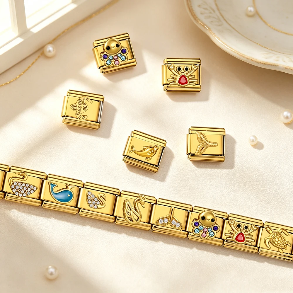 GEMOSA Vergoldete Krabben-, Oktopus-, Delfin- und Seepferdchen-Anhänger für italienische Charm-Glieder, passend für 9-mm-Edelstahlarmbänder, Damen- und Herrenschmuck – Detail 3
