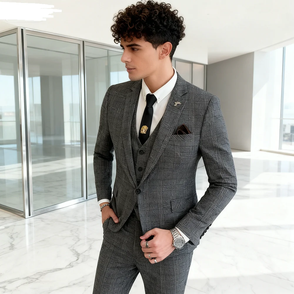 

6XL Italian Style Elegant Business Cotton Linen Casual Fine Terno De Cânhamo (Blazer + Vest + Pants) for Dapper Gentleman