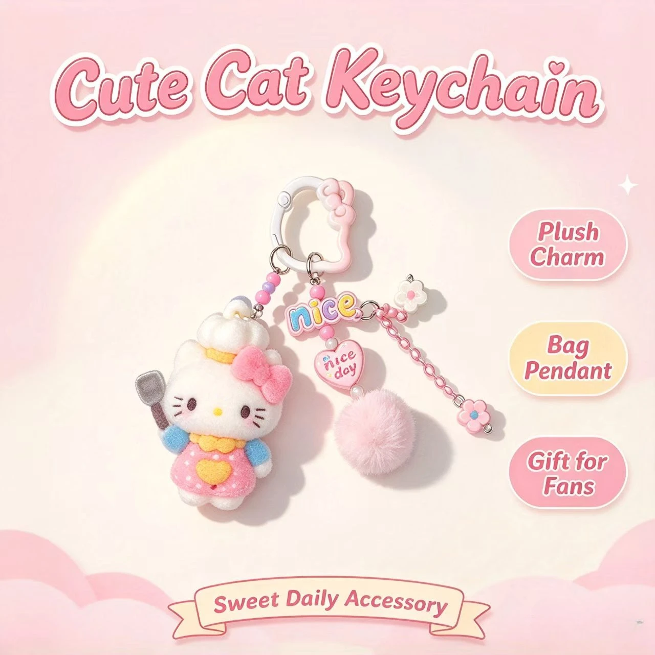 Fashion Flocked Cat Keychain Cute Chef Figurine Bag Accessory Pompom Pendant Women Fashion Key Ring Gift view 2