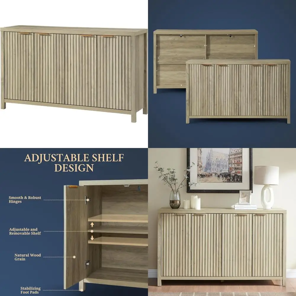 

Large Modern Fluted Sideboard with 4 Doors, Storage Buffet Cabinet, Adjustable Shelves Console