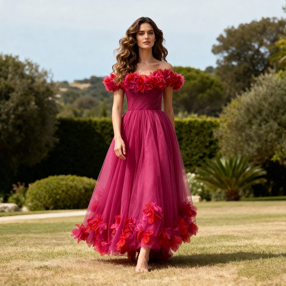 

Fuchsia Midi Length Tulle Birthday Prom Dresses for Special Occasions Luxurious Evening Dresses for Parties Elegant Gowns