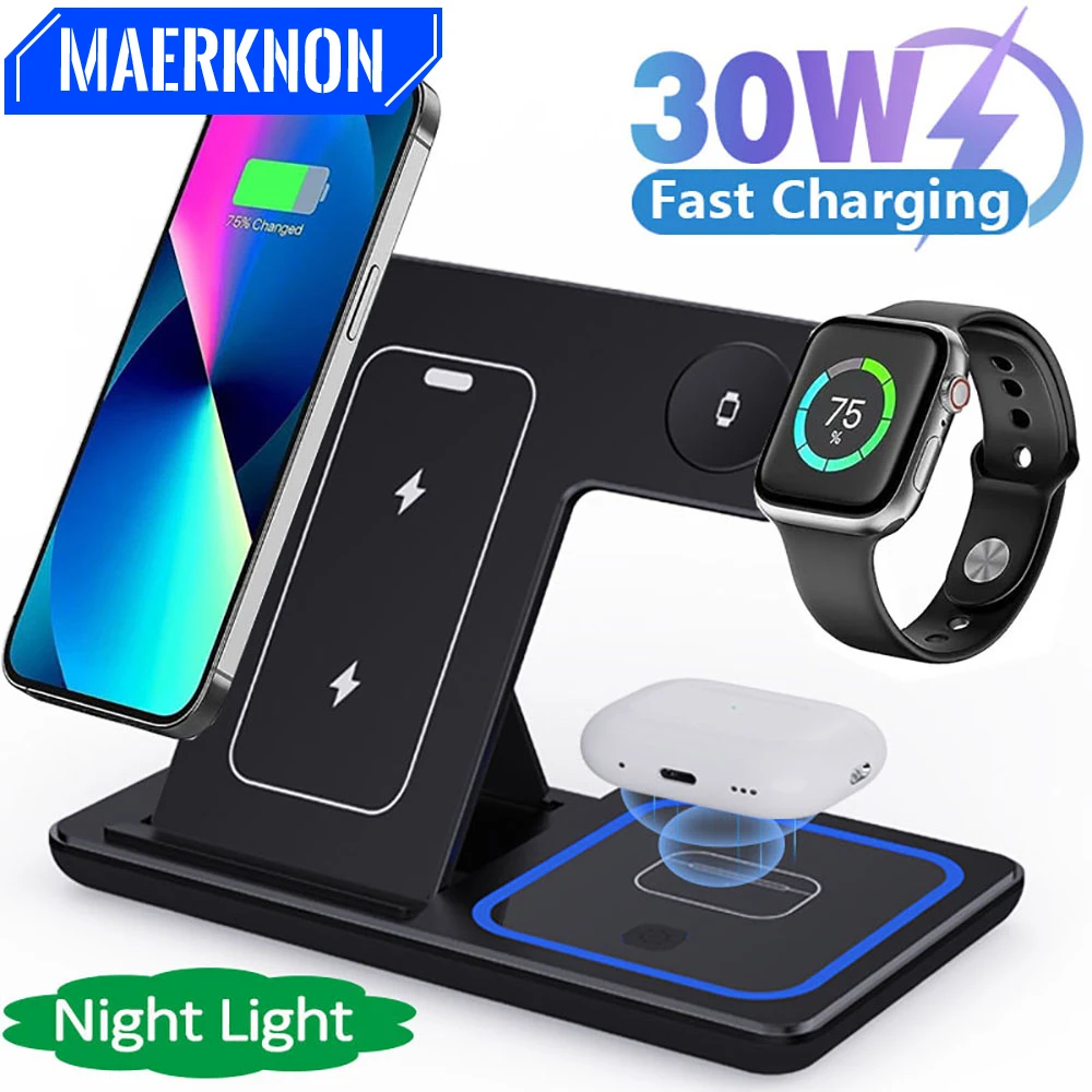 30W 3 in 1 Foldable Magnetic Wireless Charger Stand For iPhone 16 15 14 13 Pro Max Apple Watch 9 8 7 Fast Charging Dock Station