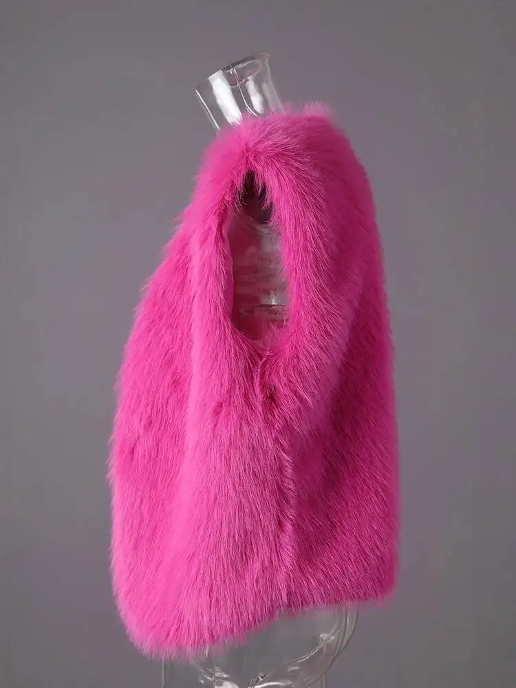 Fashion Rose Red Eco-Friendly Faux Fur Artificial Fur Vest Women's V-neck Thick Plush Waistcoat Winte fashion YCZ6 6