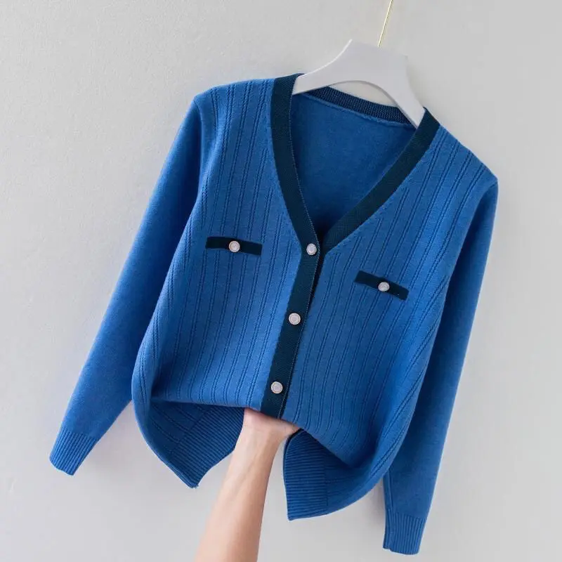 Spring Autumn New Contrast Knitting Cardigan Long Sleeve V Neck Loose Button All-match Sweaters Fashion Vintage Women Clothing