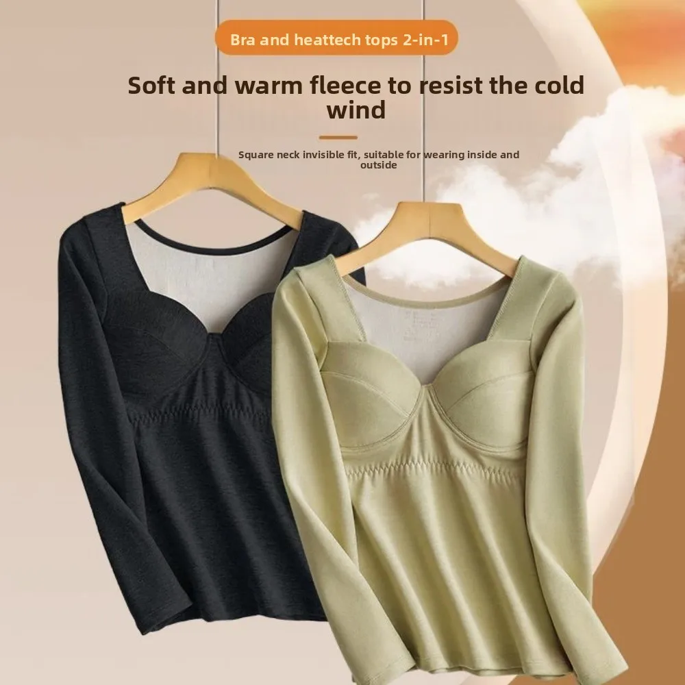 

V Neck Women Thermal Clothes Invisible Velvet Fleece Thermal Underwear Feel Heating Solid Color Warmth Long Tops Lady