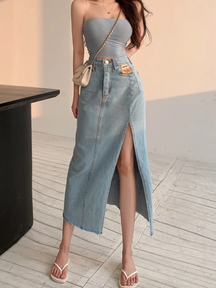 

DEEPTOWN Long Denim Skirt Vintage Women Solid High Waist A-LINE Slim Korean Style Jean Slit Midi Skirt Summer Fashion Girl