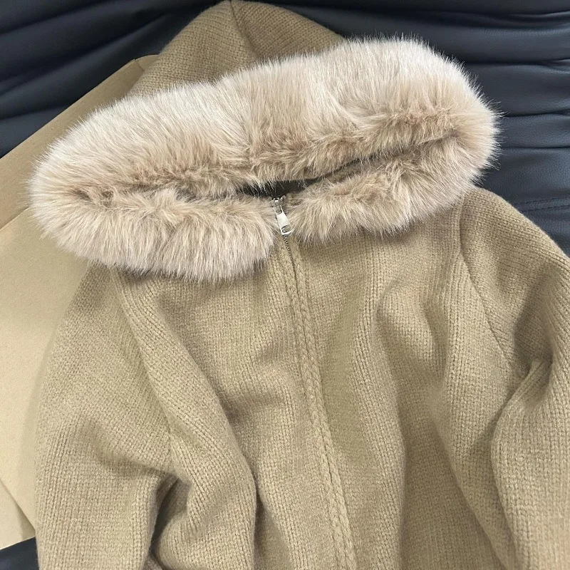 Long fur-trimmed hooded knitted coat Women Autumn and Winter New Collection Lazy Elegance Loose Zip-up sweater Jumper