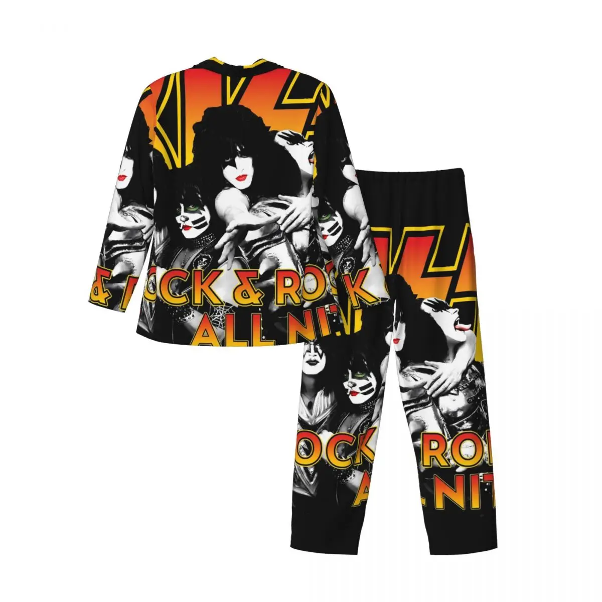 Kiss Band-Conjunto de pijama de 2 piezas para hombre, ropa de dormir informal de manga larga con banda de música Rock, traje de Casa de talla grande 2XL