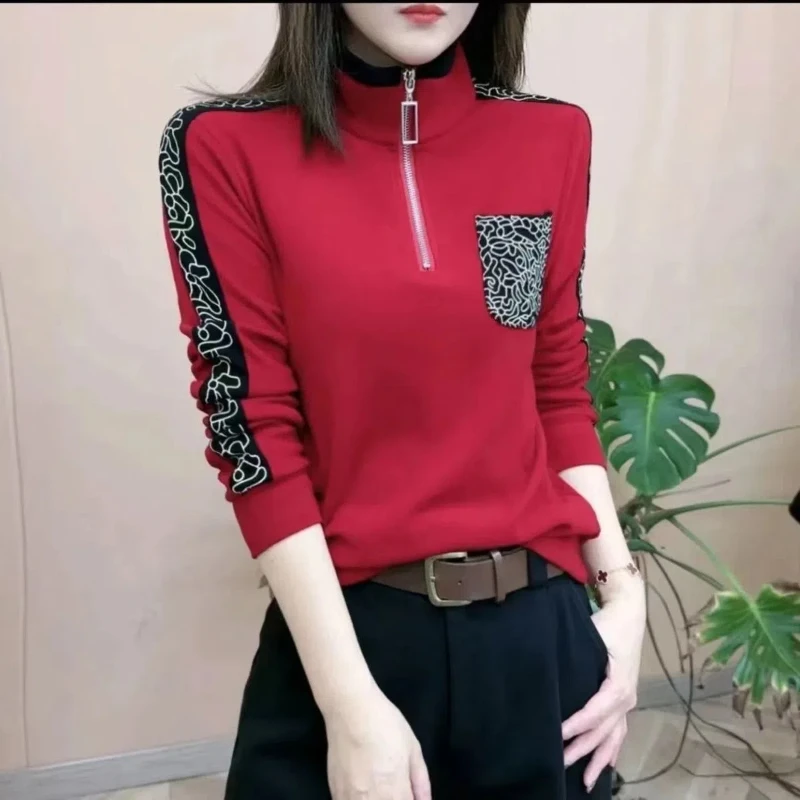 High End Women's Clothing Winter New Product Fashionable Double-sided Velvet Base Long Sleeved Warm T-shirt Zipper Women's Top