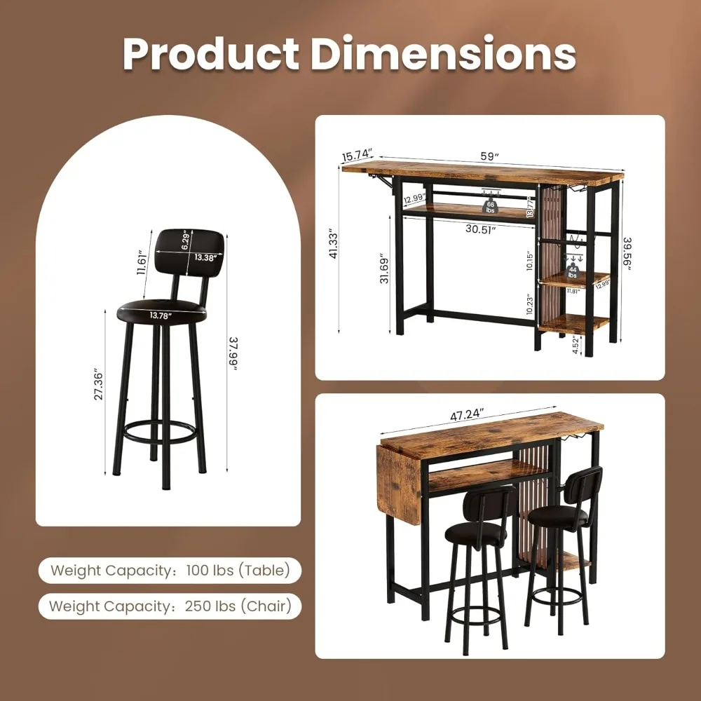 拡張可能なキッチンダイニングテーブルセット、収納、カップホルダー、ワインラック付き、カウンターハイト、59