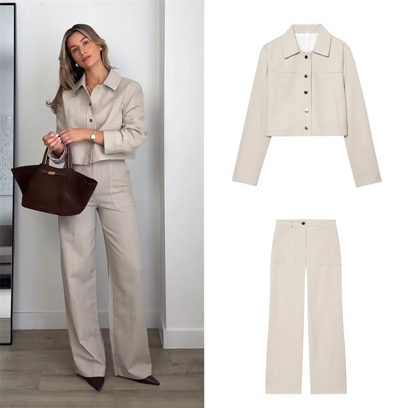 

Женский костюм, осень 2023, новый стиль, светло-хаки, простой комплект с лацканами, короткая куртка и прямые брюки, повседневный модный комплект для поездок на работу
