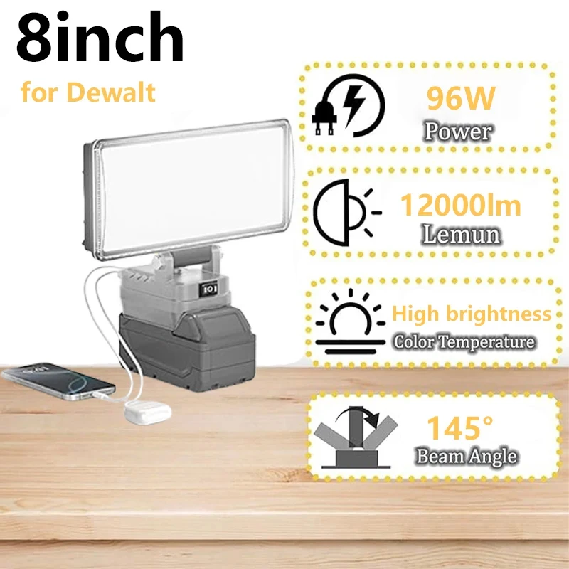 96W 12000LM Portable flashlight For Dewalt 18V Li-ion Battery 8 inch LED Work Light spotlight with 2 USB Port Camping Emergency