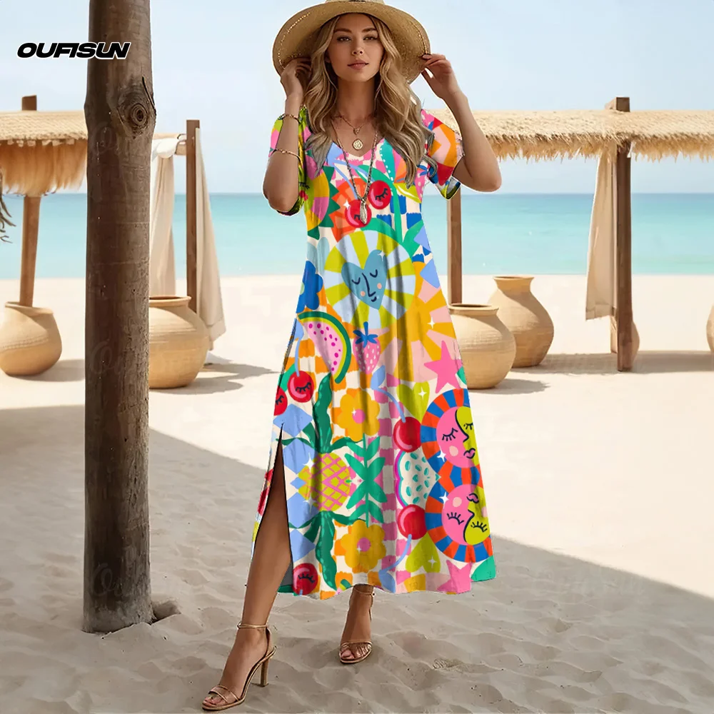 Robe mi-longue à col en v pour femmes, ligne a, manches courtes, t-shirt Long, motif Floral, imprimé Tropical, vêtements de vacances, nouvelle collection 2025